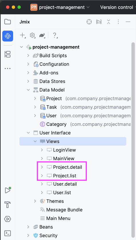 Both Project.list and Project.detail views will then appear in the Views section