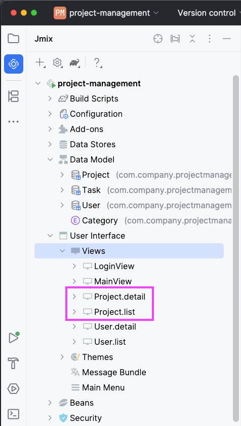 Both Project.list and Project.detail views will then appear in the Views section